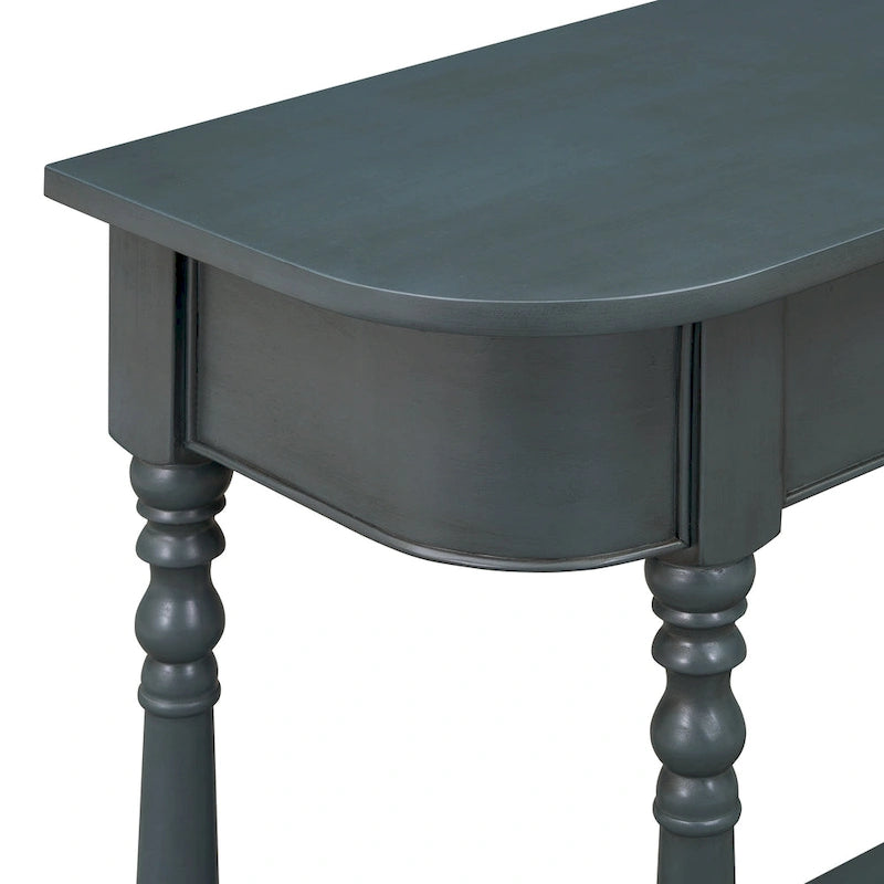Console étroite rétro avec coin arrondi, tiroir supérieur et étagère ouverte