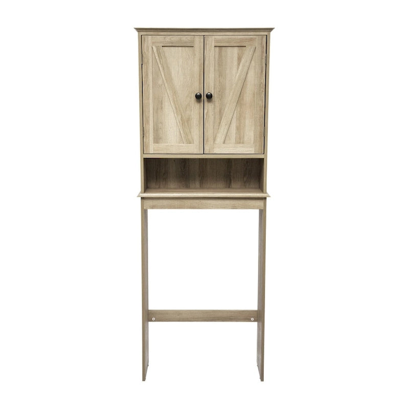 Meuble de toilette sur pied de toilette style ferme avec étagères et portes à fermeture magnétique
