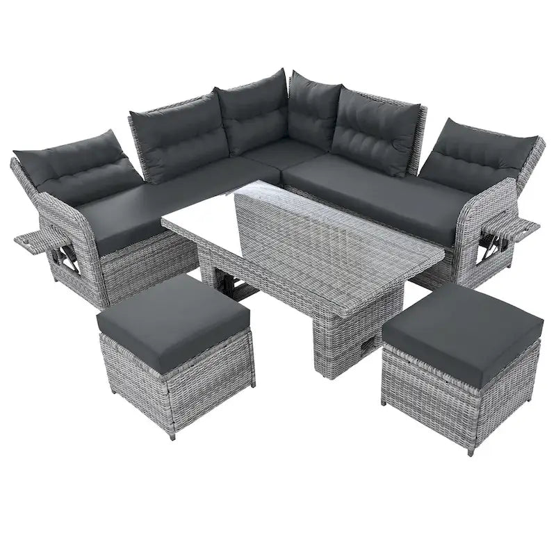 Ensemble de canapé d’angle modulable en rotin d’extérieur avec table réglable et fauteuils inclinables