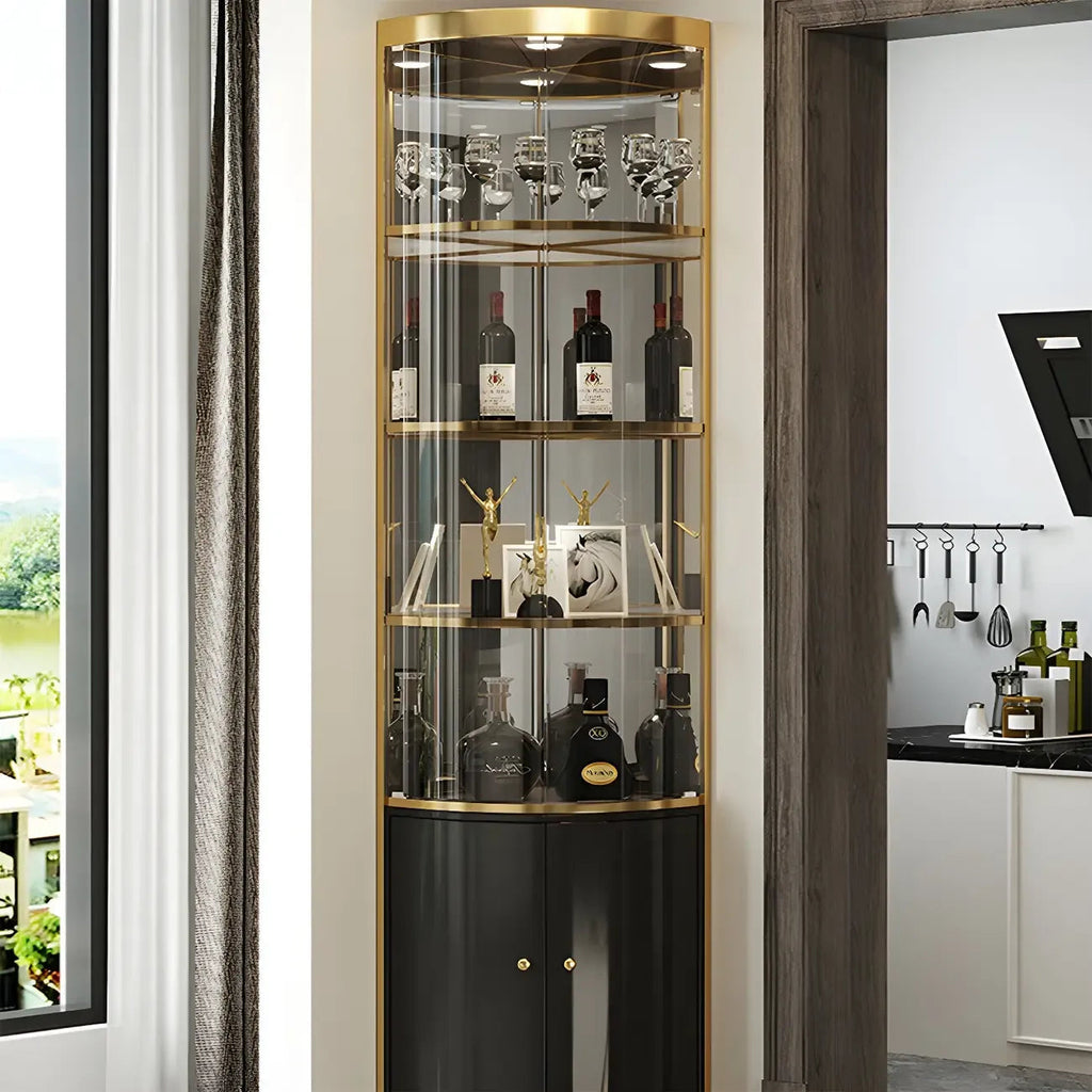 Vitrine d'angle arrondie en métal doré, verre et finition brillante Glam