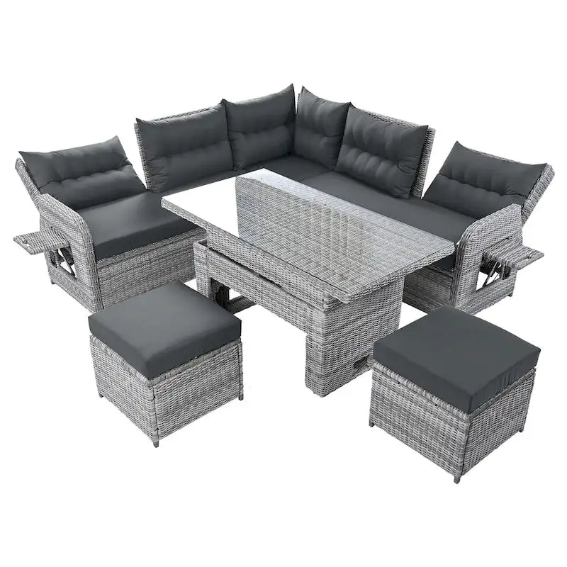 Ensemble de canapé d’angle modulable en rotin d’extérieur avec table réglable et fauteuils inclinables