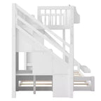 Lit superposé deux places et une place avec toboggan, étagères, escalier de rangement et armoire pour chambre d'enfant