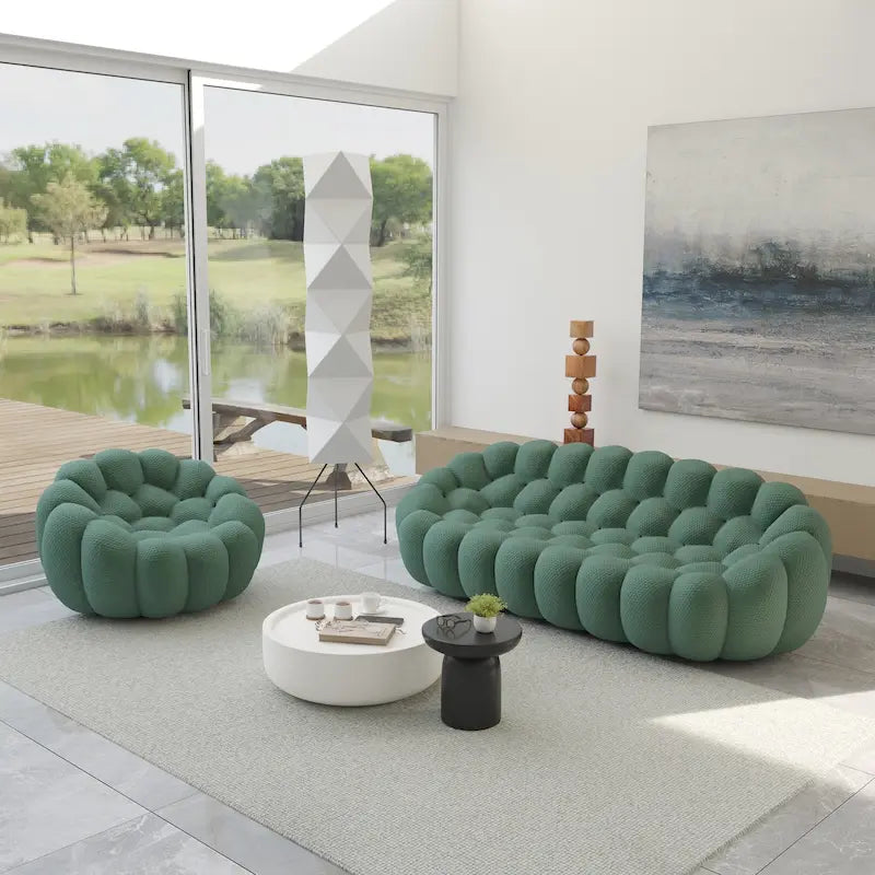 2 PIÈCES Canapé bulle rembourré en tissu nid d’abeille 3D, canapé bulle 3 places et fauteuil individuel pour salon