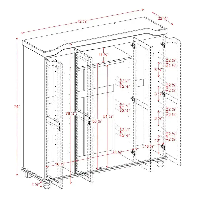 Armoire-penderie Kyle à 4 portes en bois massif 100 % Palace Imports, avec portes en bois massif ou miroir