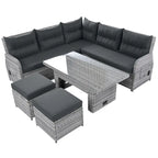 Ensemble de canapé d’angle modulable en rotin d’extérieur avec table réglable et fauteuils inclinables