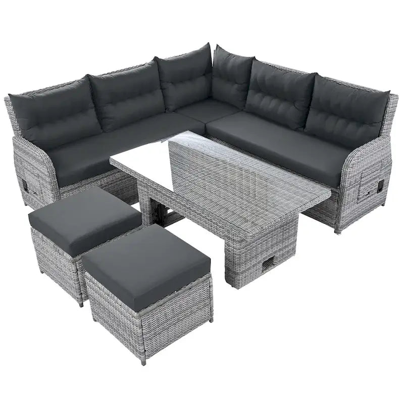 Ensemble de canapé d’angle modulable en rotin d’extérieur avec table réglable et fauteuils inclinables