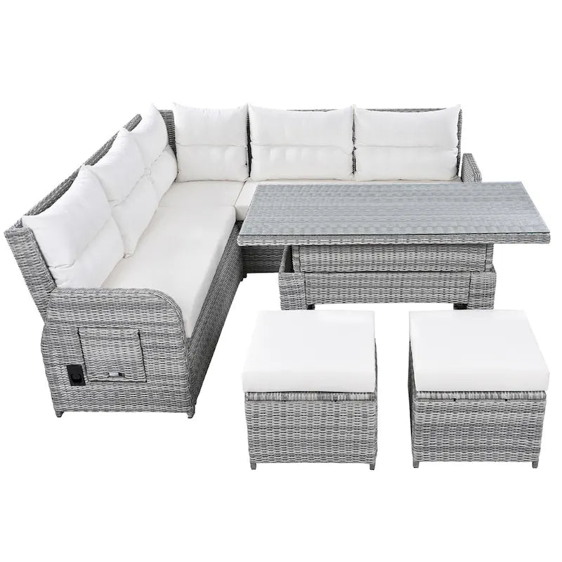 Ensemble de canapé d’angle modulable en rotin d’extérieur avec table réglable et fauteuils inclinables