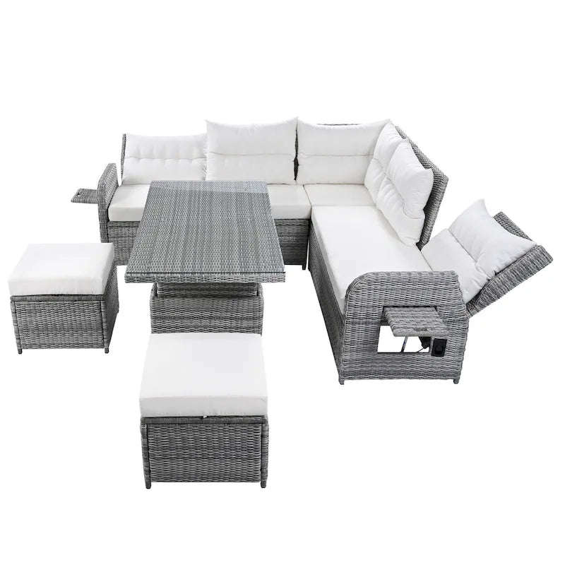 Ensemble de canapé d’angle modulable en rotin d’extérieur avec table réglable et fauteuils inclinables