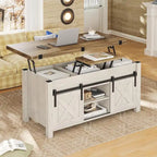 Table basse relevable avec 2 portes de grange coulissantes et rangement