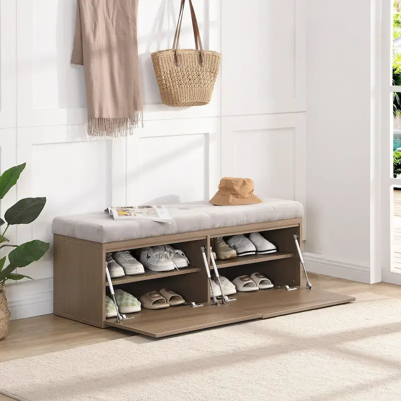 Banc de rangement pour chaussures, meuble à chaussures avec assise rembourrée et deux portes pour entrée