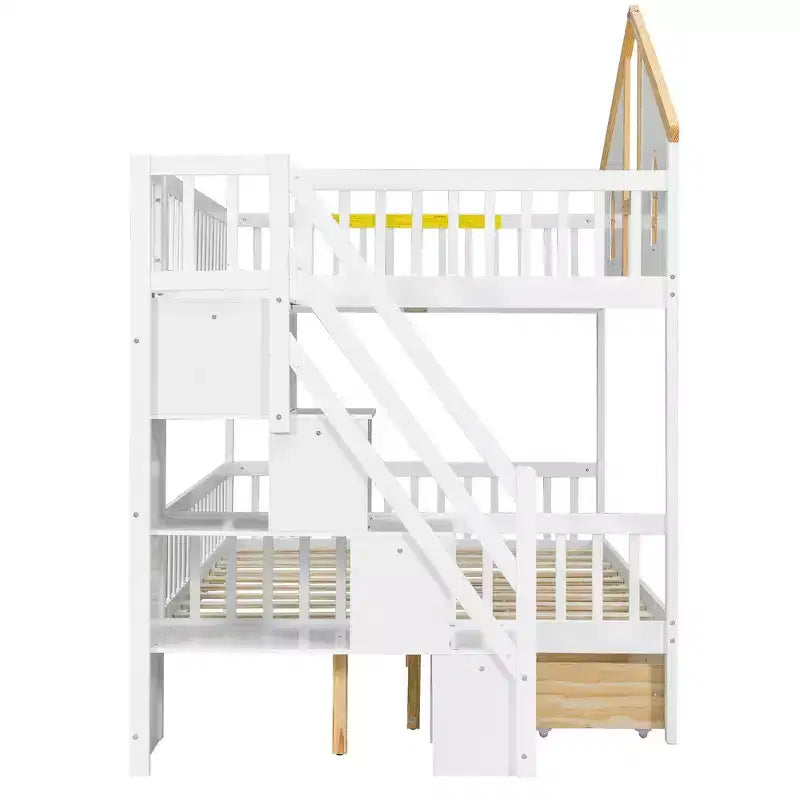 Lit superposé Whisen pour jumeaux avec porte fenêtre et toit, tiroirs de rangement et escalier