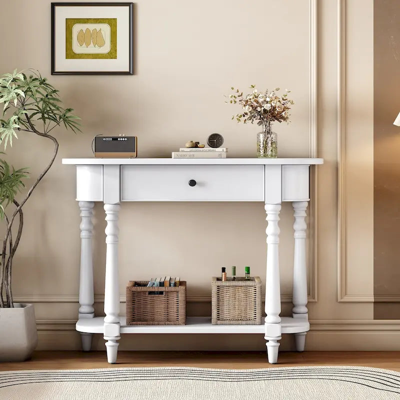 Console étroite rétro avec coin arrondi, tiroir supérieur et étagère ouverte