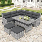 Ensemble de canapé d’angle modulable en rotin d’extérieur avec table réglable et fauteuils inclinables