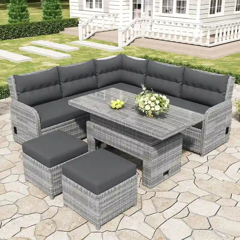 Ensemble de canapé d’angle modulable en rotin d’extérieur avec table réglable et fauteuils inclinables