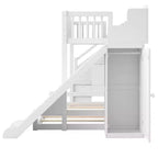 Lit superposé deux places et une place avec toboggan, étagères, escalier de rangement et armoire pour chambre d'enfant