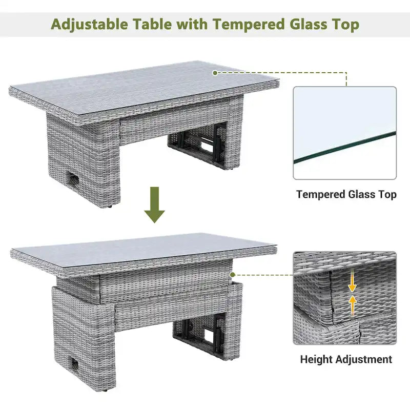 Ensemble de canapé d’angle modulable en rotin d’extérieur avec table réglable et fauteuils inclinables