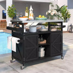 Îlot de cuisine d'extérieur Okak avec plateau en acier inoxydable, chariot de cuisine en bois avec portes, étagères et porte-épices, îlot de cuisine roulant