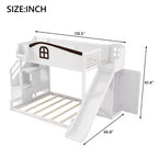 Lit superposé deux places et une place avec toboggan, étagères, escalier de rangement et armoire pour chambre d'enfant