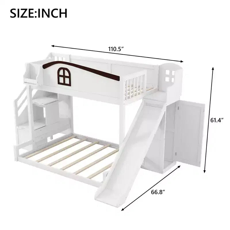 Lit superposé deux places et une place avec toboggan, étagères, escalier de rangement et armoire pour chambre d'enfant