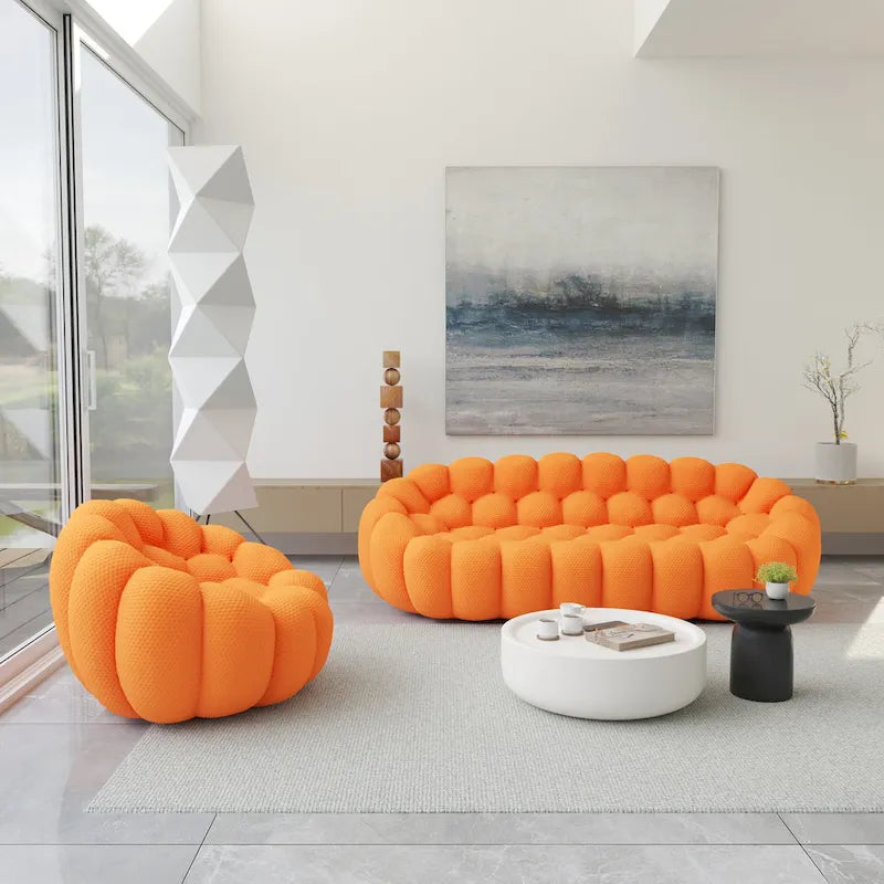 2 PIÈCES Canapé bulle rembourré en tissu nid d’abeille 3D, canapé bulle 3 places et fauteuil individuel pour salon