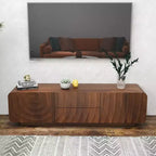Meuble TV JVNOXK 58 pouces, design spirale et vague de style mid-century, avec armoire de rangement et deux tiroirs, convient pour le salon ou la chambre à coucher, Noyer