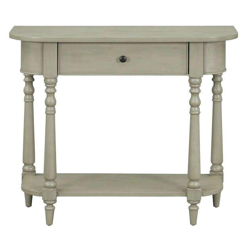Console étroite rétro avec coin arrondi, tiroir supérieur et étagère ouverte