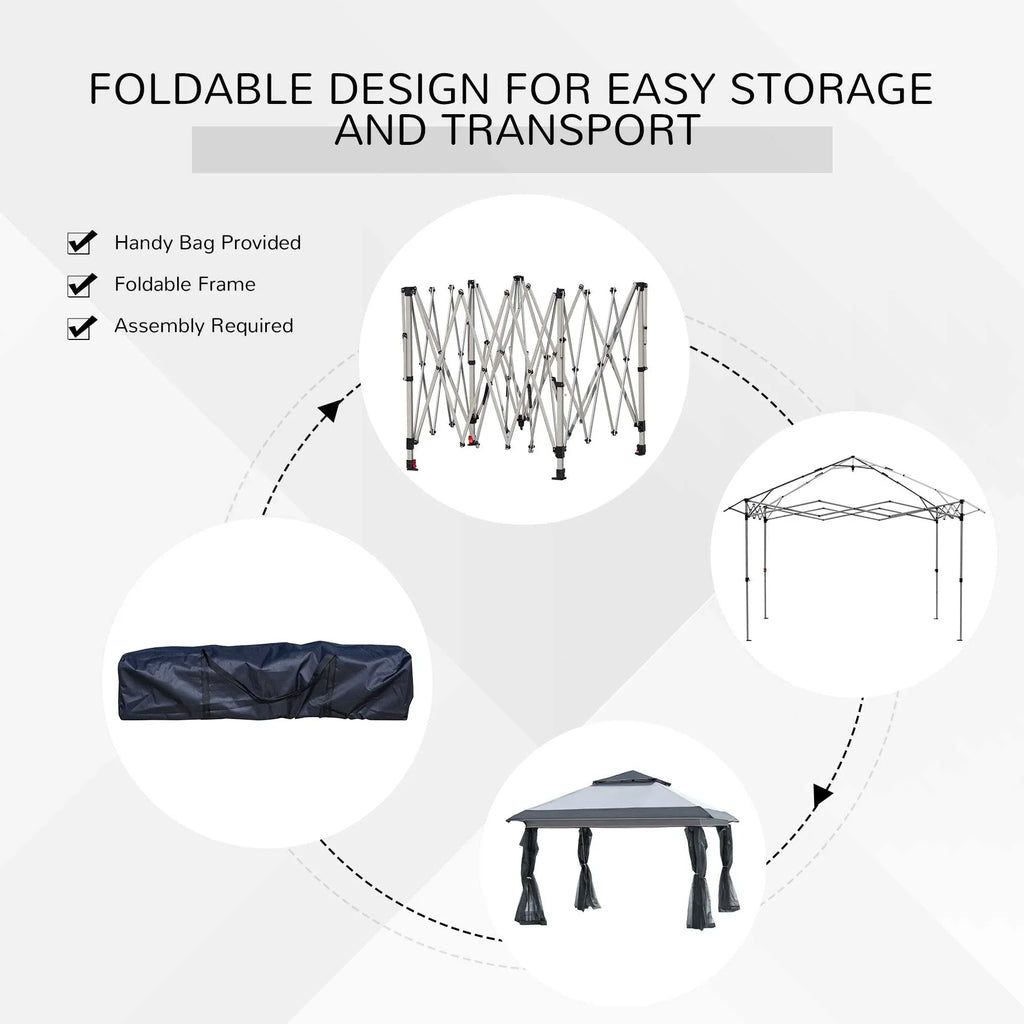 Outsunny 12 x 12 Tonnelle escamotable Pare-soleil Tente instantanée pliable avec filet latéral en maille, Hauteur réglable sur 3 niveaux