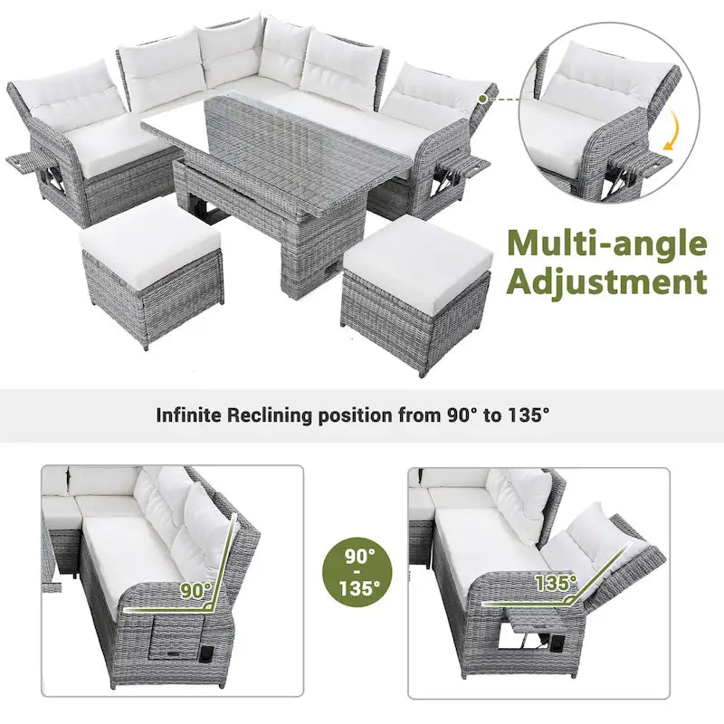 Ensemble de canapé d’angle modulable en rotin d’extérieur avec table réglable et fauteuils inclinables