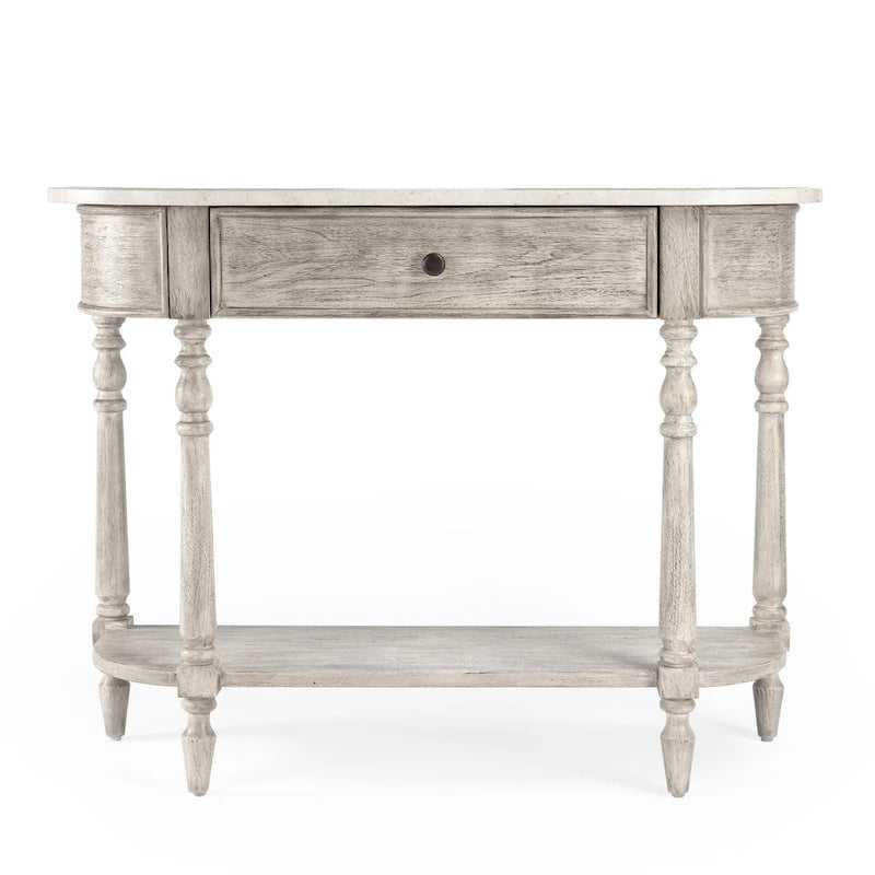 Table console avec plateau en marbre – Brun clair / Gris / Noir délavé, demi-lune, montage par une personne