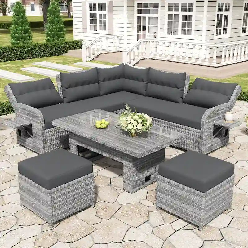 Ensemble de canapé d’angle modulable en rotin d’extérieur avec table réglable et fauteuils inclinables