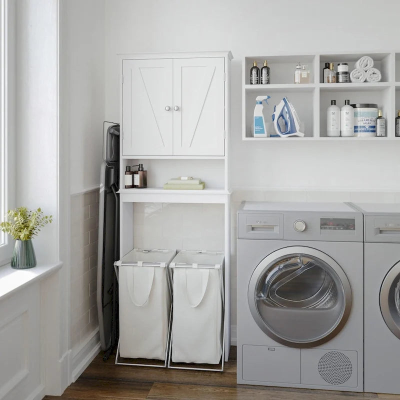 Meuble de toilette sur pied de toilette style ferme avec étagères et portes à fermeture magnétique