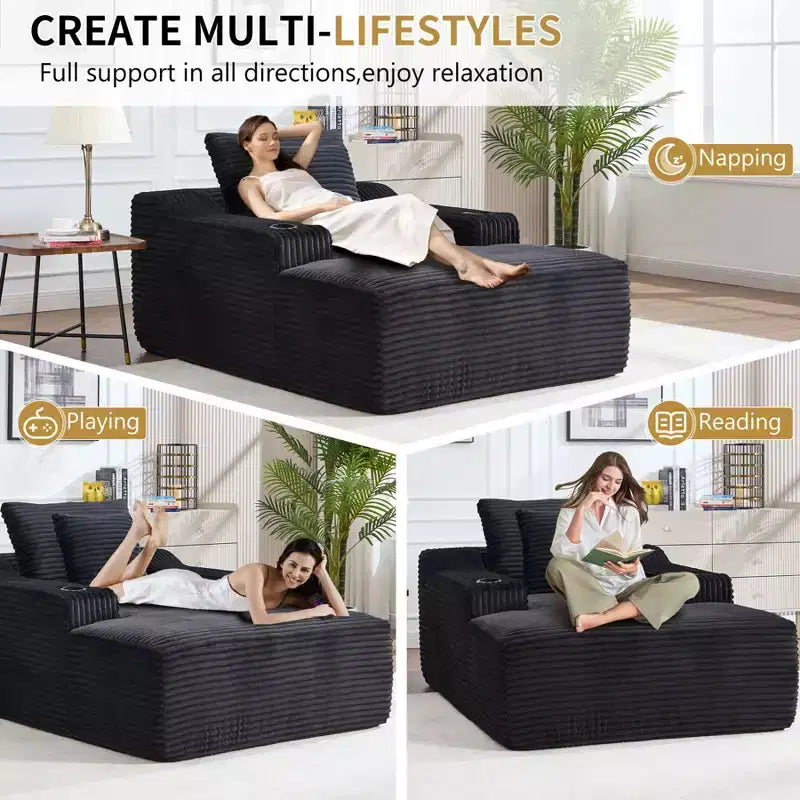 Chaise longue de 170 cm, canapé-lit d'intérieur avec 2 coussins, canapé monoplace sans structure pour salon, aucun assemblage requis