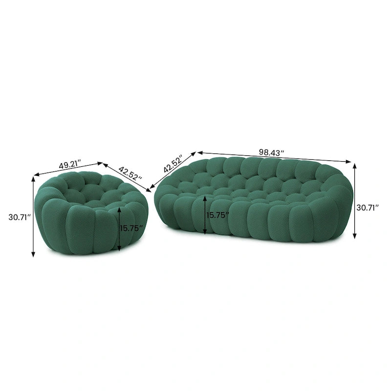 2 PIÈCES Canapé bulle rembourré en tissu nid d’abeille 3D, canapé bulle 3 places et fauteuil individuel pour salon