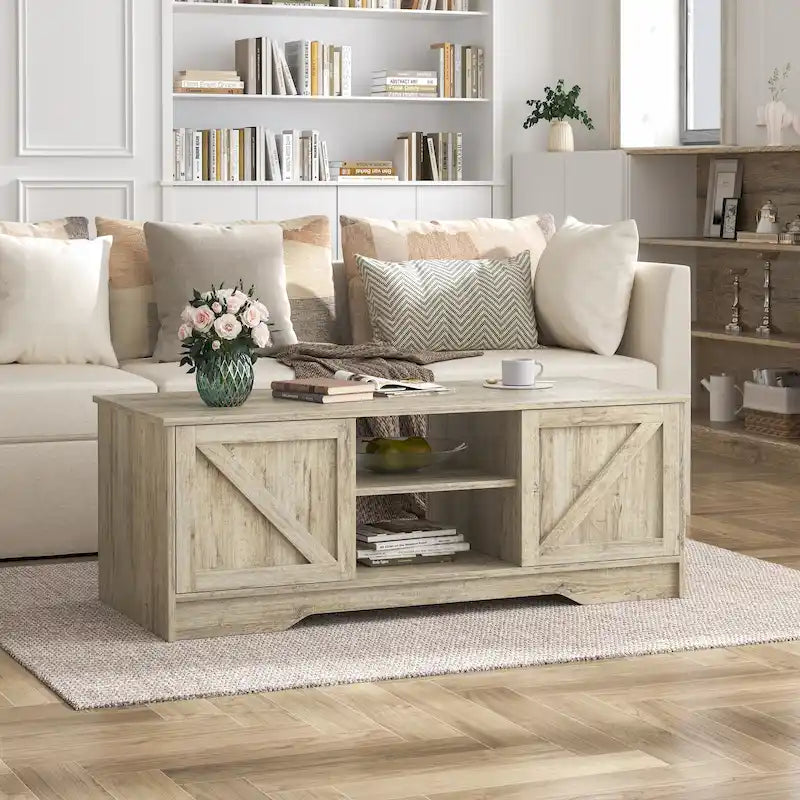 47 table basse rustique de ferme avec rangement et portes coulissantes