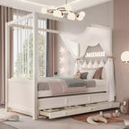Lit plateforme double/grand format avec lit gigogne, lit à baldaquin en bois de princesse avec 3 tiroirs, lit de rangement avec tête de lit capitonnée pour chambre à coucher