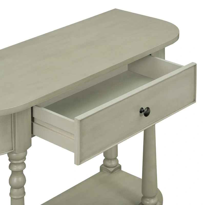 Console étroite rétro avec coin arrondi, tiroir supérieur et étagère ouverte