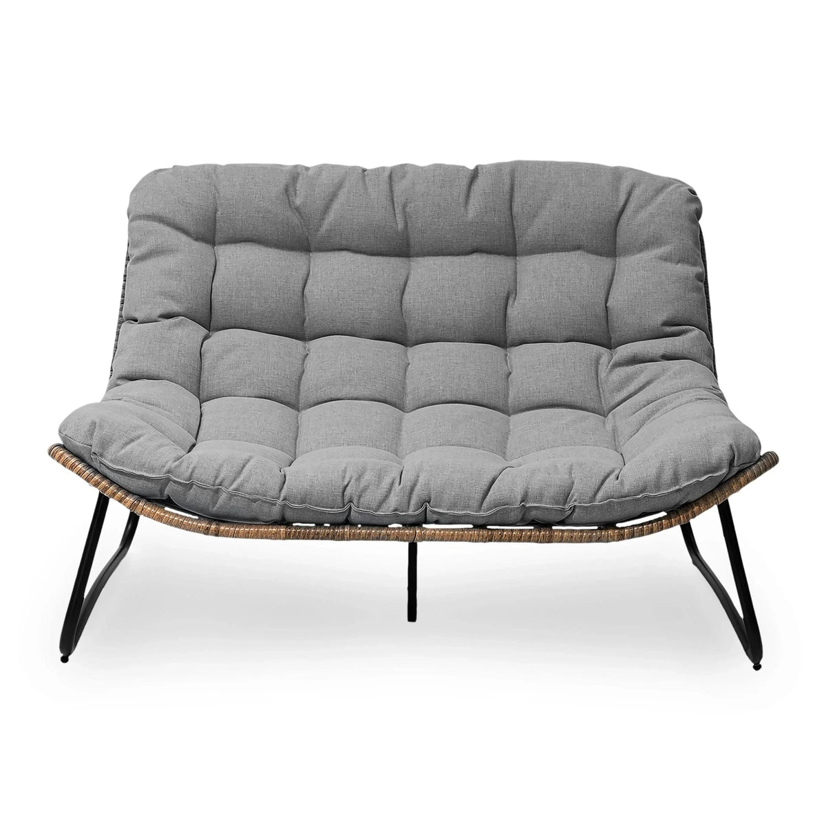 Causeuse double Papasan avec coussin, rotin PE tout temps et cadre en métal pour l'intérieur et l'extérieur