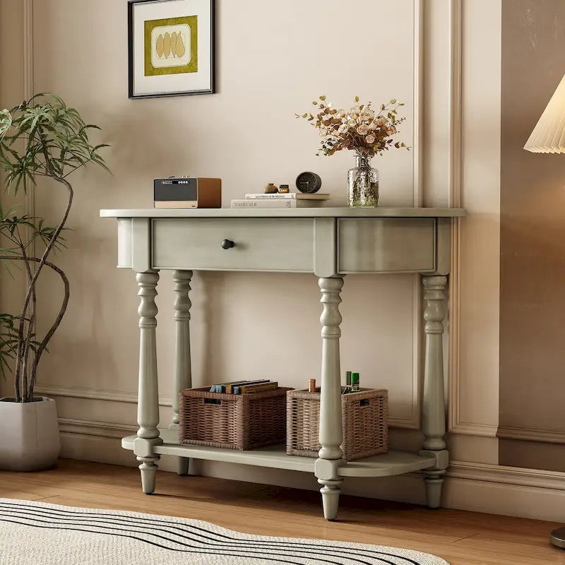 Console étroite rétro avec coin arrondi, tiroir supérieur et étagère ouverte