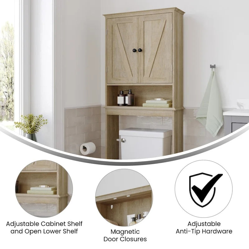 Meuble de toilette sur pied de toilette style ferme avec étagères et portes à fermeture magnétique