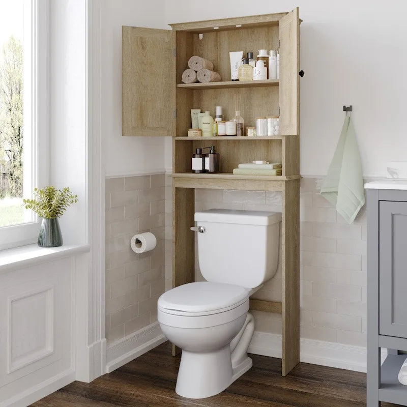 Meuble de toilette sur pied de toilette style ferme avec étagères et portes à fermeture magnétique