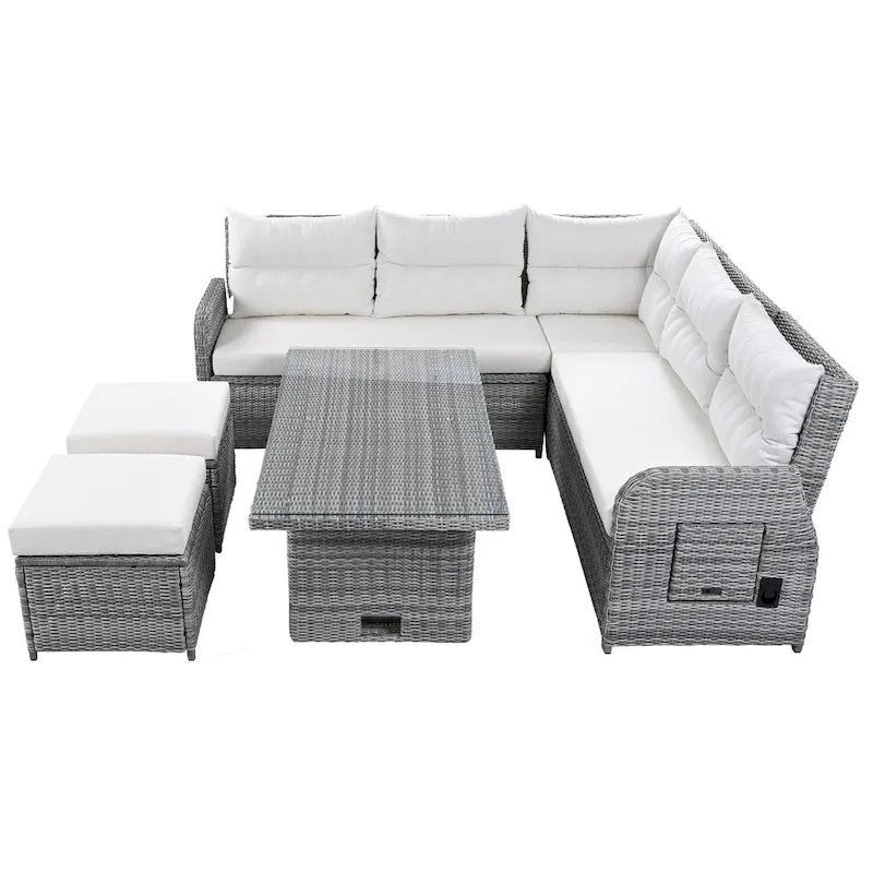Ensemble de canapé d’angle modulable en rotin d’extérieur avec table réglable et fauteuils inclinables