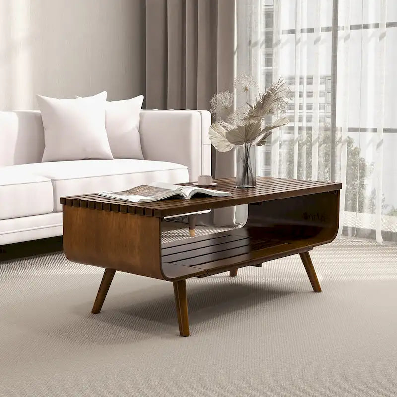 Table basse rectangulaire Adelina en bois massif de style milieu du siècle, marron