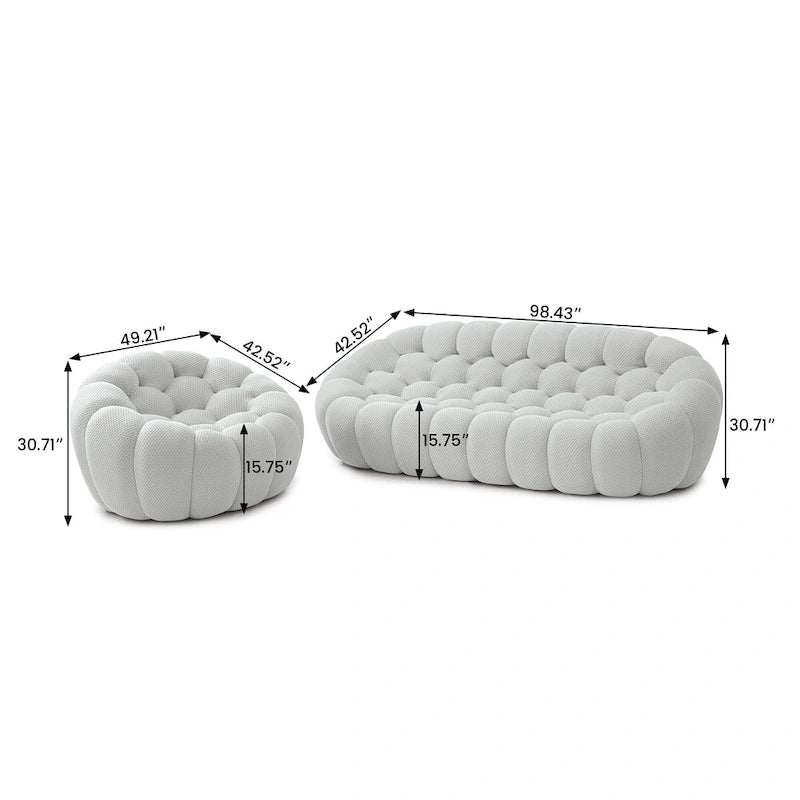 2 PIÈCES Canapé bulle rembourré en tissu nid d’abeille 3D, canapé bulle 3 places et fauteuil individuel pour salon