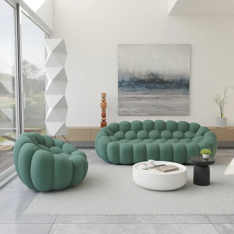 2 PIÈCES Canapé bulle rembourré en tissu nid d’abeille 3D, canapé bulle 3 places et fauteuil individuel pour salon