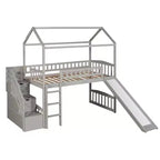 Lit mezzanine jumeau avec toboggan et escalier, lit mezzanine avec tiroirs de rangement, lit mezzanine cabane en bois pour enfants et tout-petits