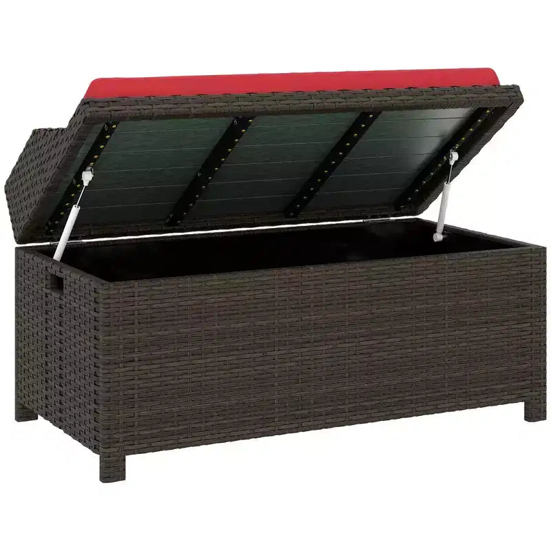 Banc de rangement d'extérieur en osier avec espace de rangement et coussin