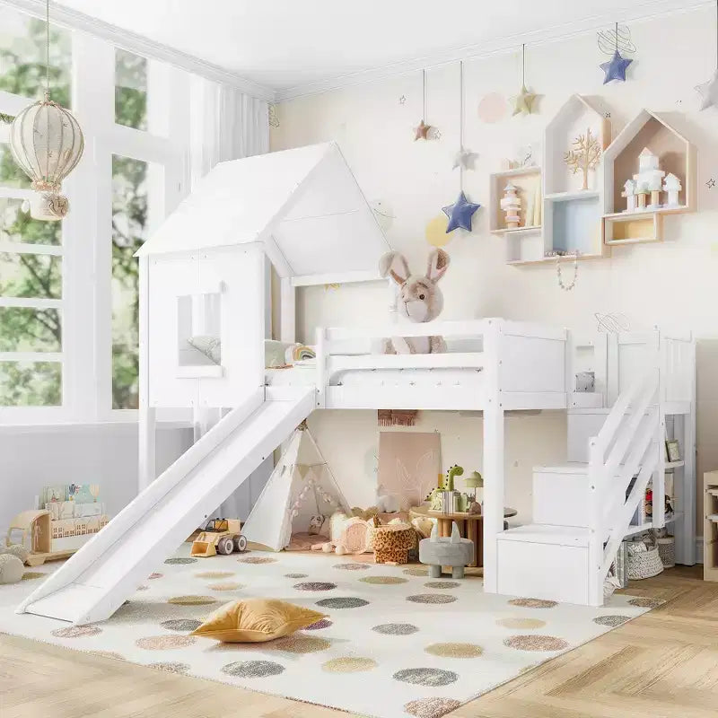 Lit mezzanine simple avec 3 tiroirs et escalier de rangement, structure cabane en bois avec toboggan et bureau amovible