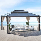 Tonnelle EROMMY à toit rigide, pergola extérieure avec double toit, moustiquaire et rideaux, auvent robuste pour patio, jardin, fête au bord de la piscine