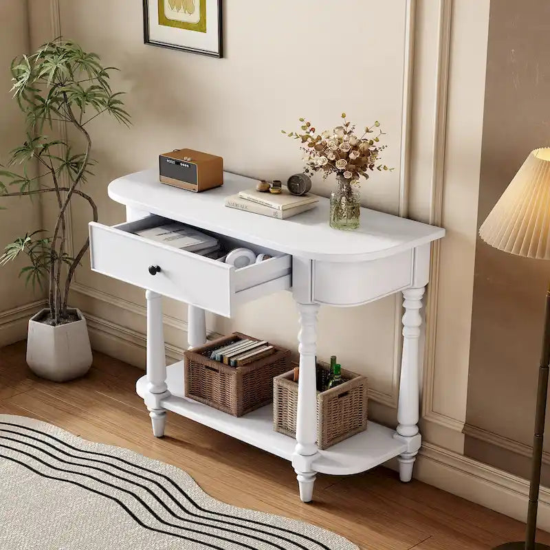Console étroite rétro avec coin arrondi, tiroir supérieur et étagère ouverte
