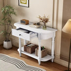Console étroite rétro avec coin arrondi, tiroir supérieur et étagère ouverte